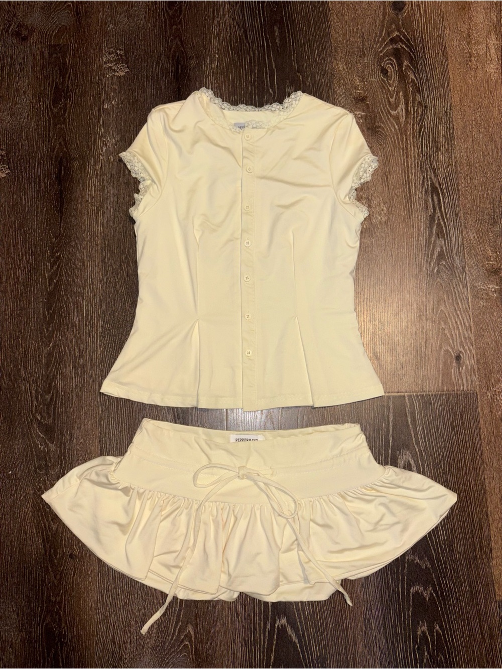 Peppermayo Cream Ruffle Mini Skirt Set with Lace Trim